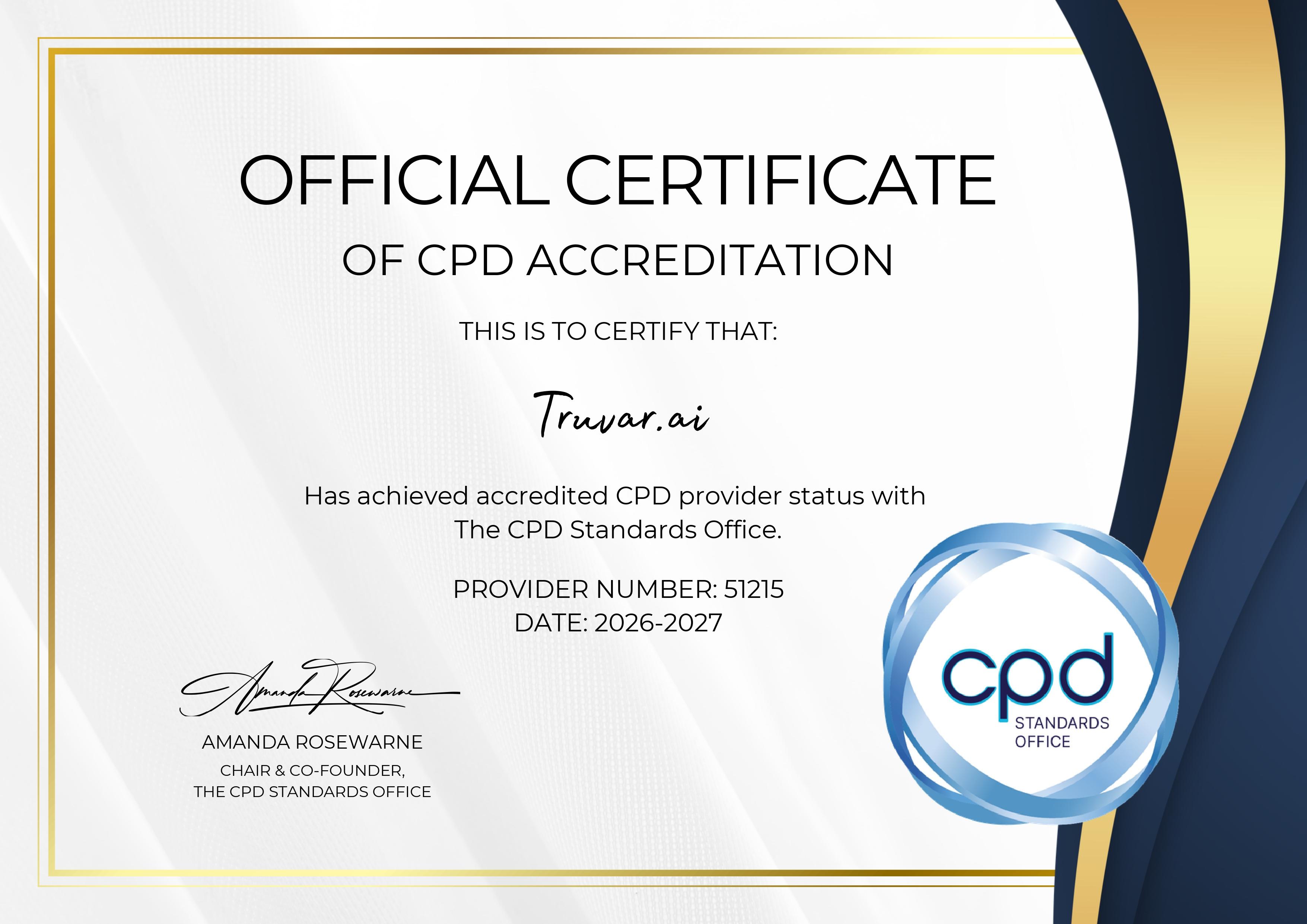 CPD Activity Log certifying truvar.ai as an Official Accredited Provider (No. 51215) with the AI Skills for Workplaces course independently accredited