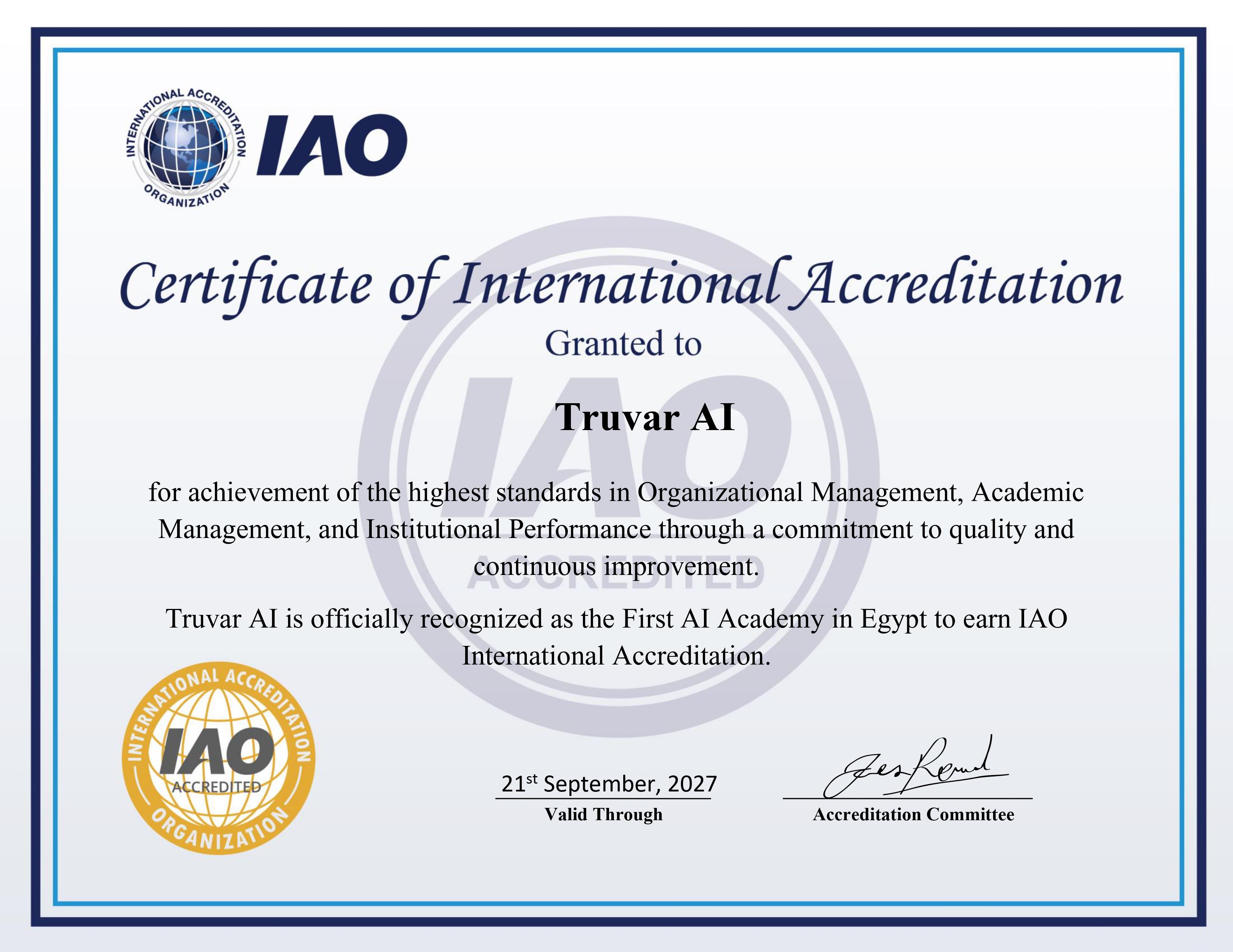 IAO Certificate of International Accreditation granted to Truvar AI — officially recognized as the First AI Academy in Egypt to earn IAO International Accreditation